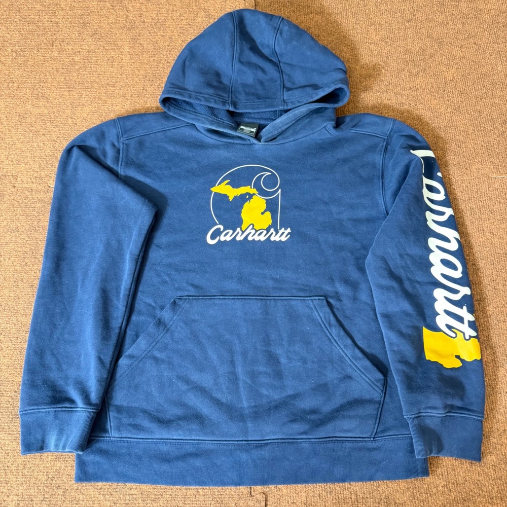Carhartt Michigan Graphic Hoodie Navy Blue Boys Large 14-16 Sweatshirt Sleeve A+